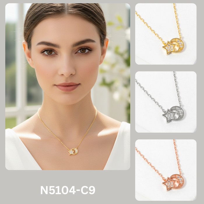 Celestial Star and Crescent Moon Dainty Pendant Necklace
