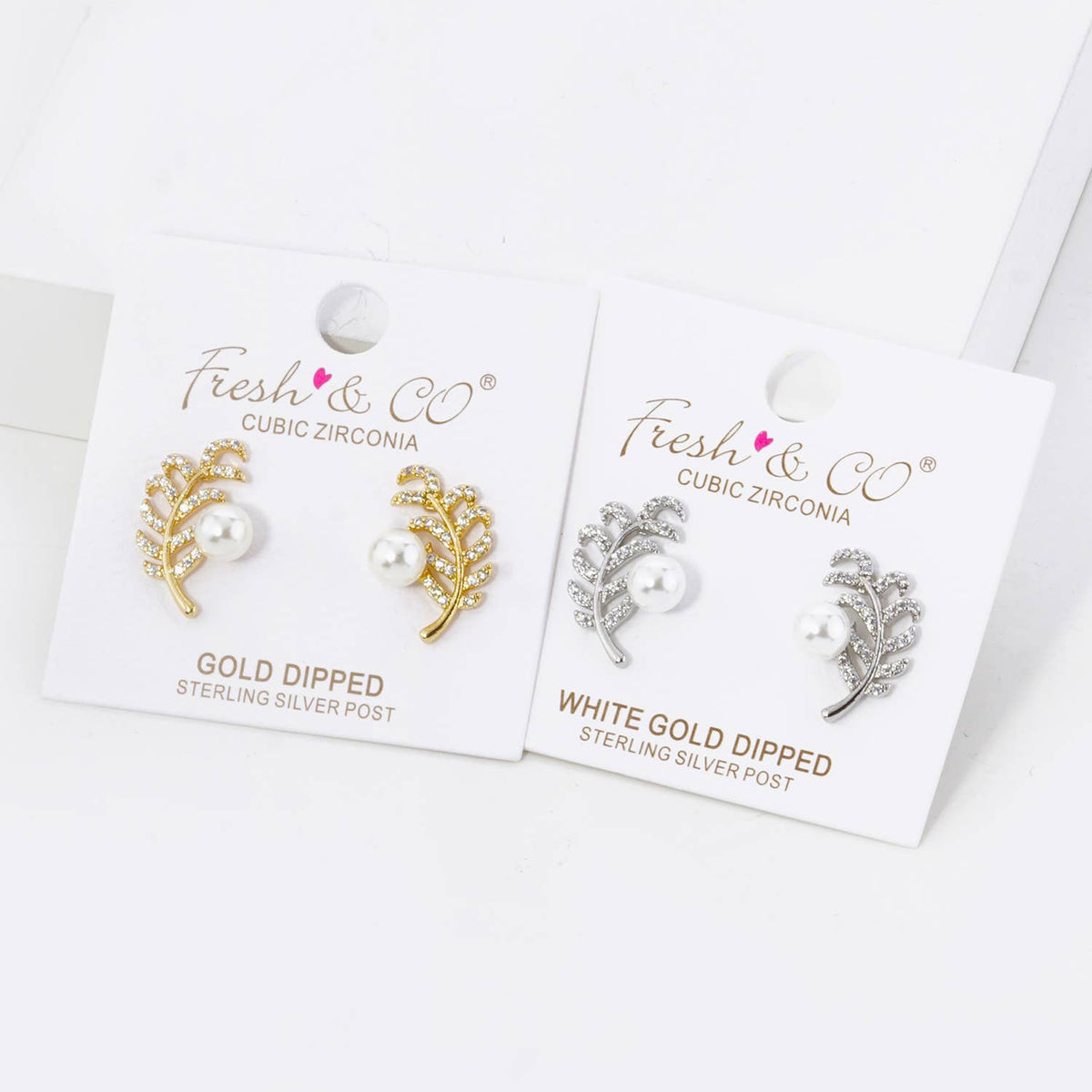 CUBIC ZIRCONIA FEATHER AND PEARL STUD EARRINGS