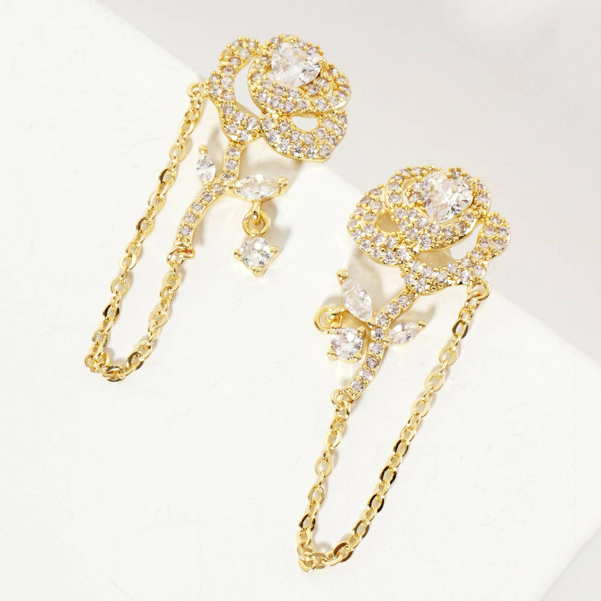 Botanical-Theme Pave-Set Rose Drop Earrings