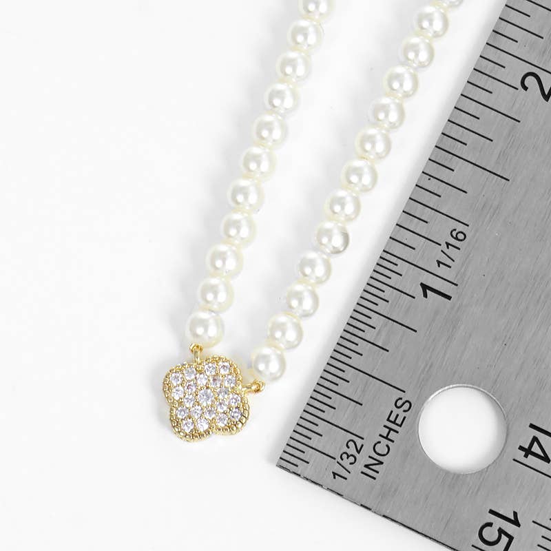18K Gold Dipped CZ Quatrefoil Pendant Pearl Necklace