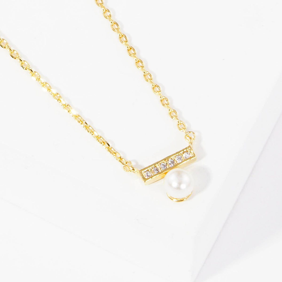 Elegant Minimalist Pearl and Crystal Bar Pendant Necklace