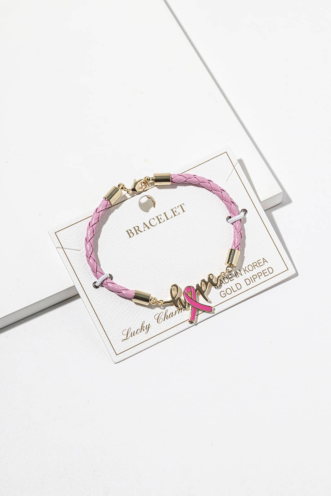 Hope Pink Ribbon Bracelet – Gold-Dipped Braided Script Charm