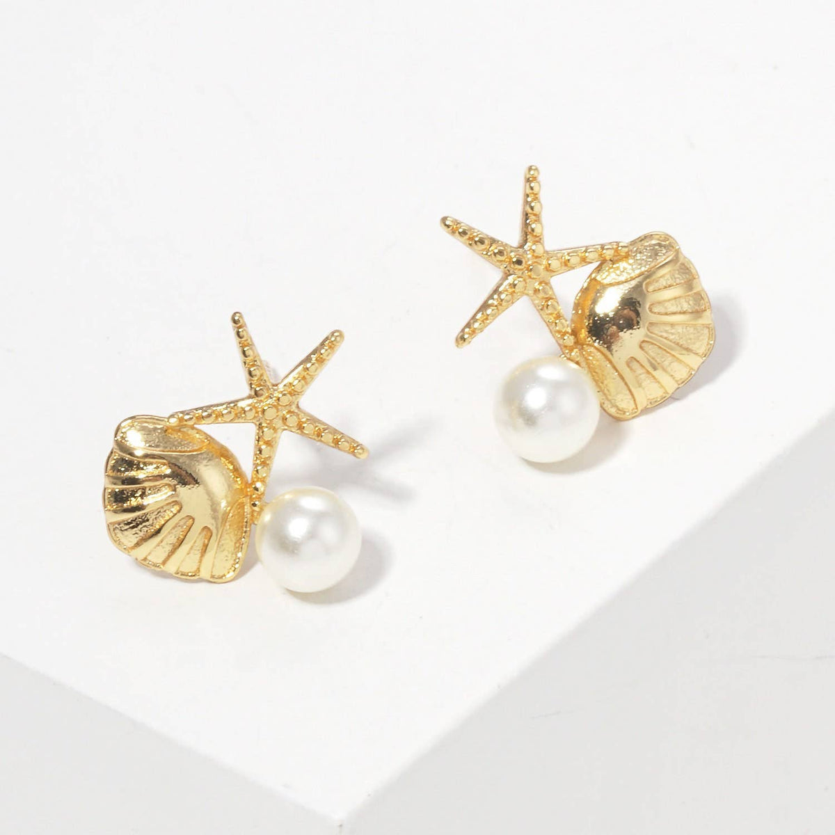 Gold Freshwater Pearl Seashell & Starfish Stud Earrings