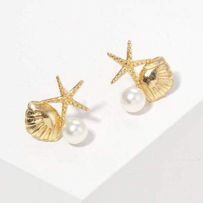 Gold Freshwater Pearl Seashell & Starfish Stud Earrings
