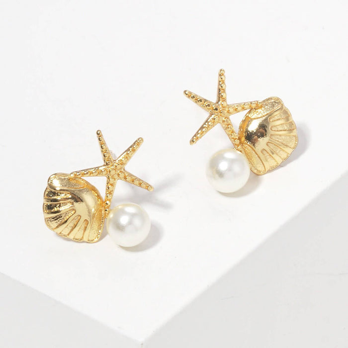 Gold Freshwater Pearl Seashell & Starfish Stud Earrings