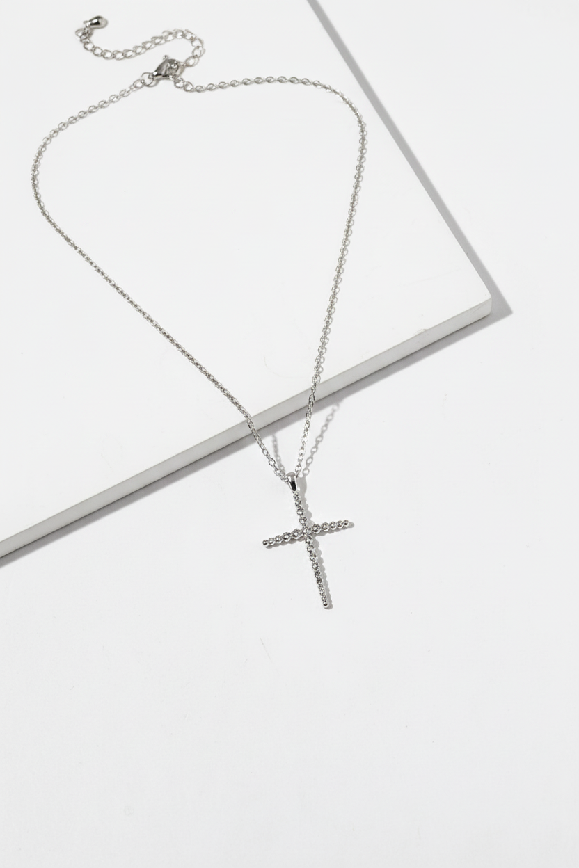 Dainty Beaded Cross Pendant Necklace.