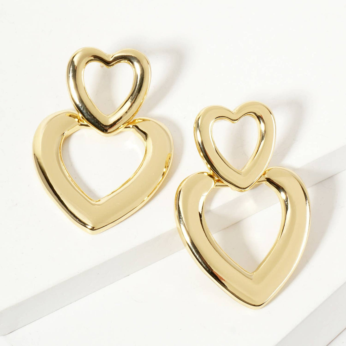 Polished Brass Cutout Double Heart Drop Dangle Earrings
