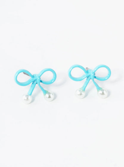 10mm Color Coated Wire Ribbon Bow Pearl Stud Earrings