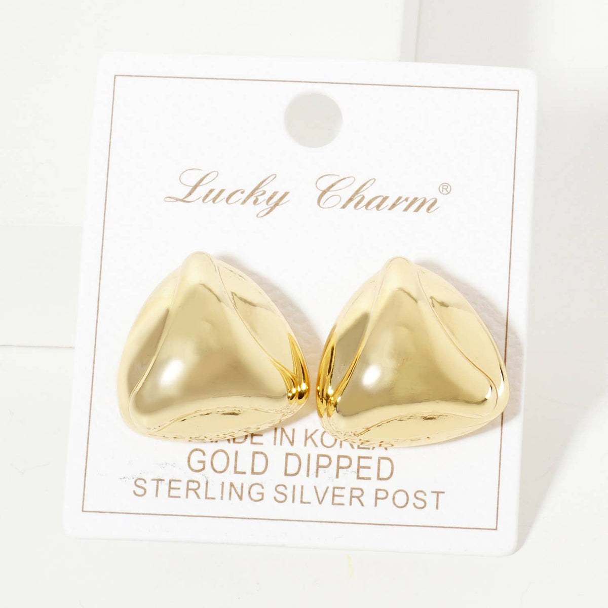 Polished Brass Soft-Curve Lined Puffy Triangle Stud Earrings