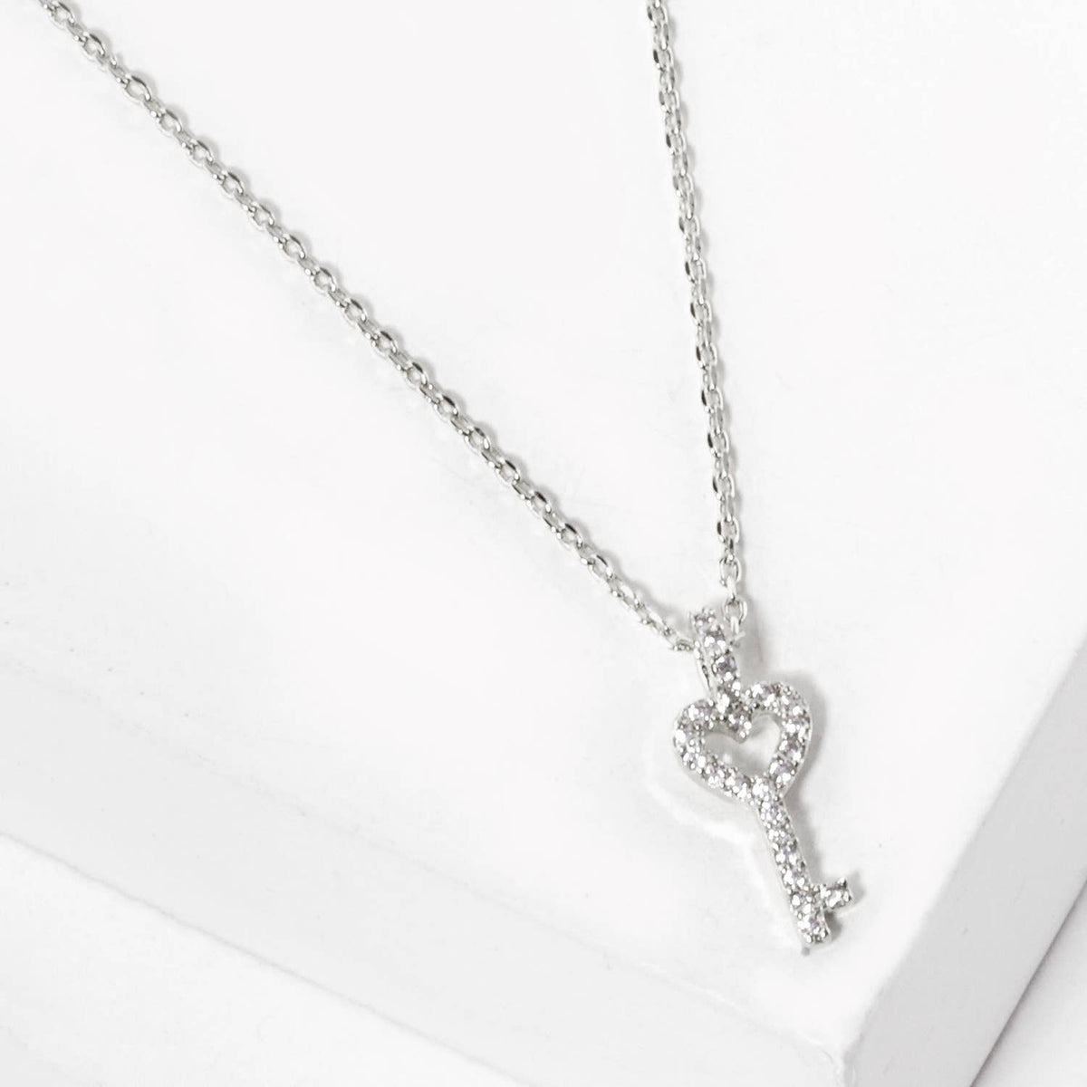 Pave Cubic Zirconia Heart Key Pendant Necklace