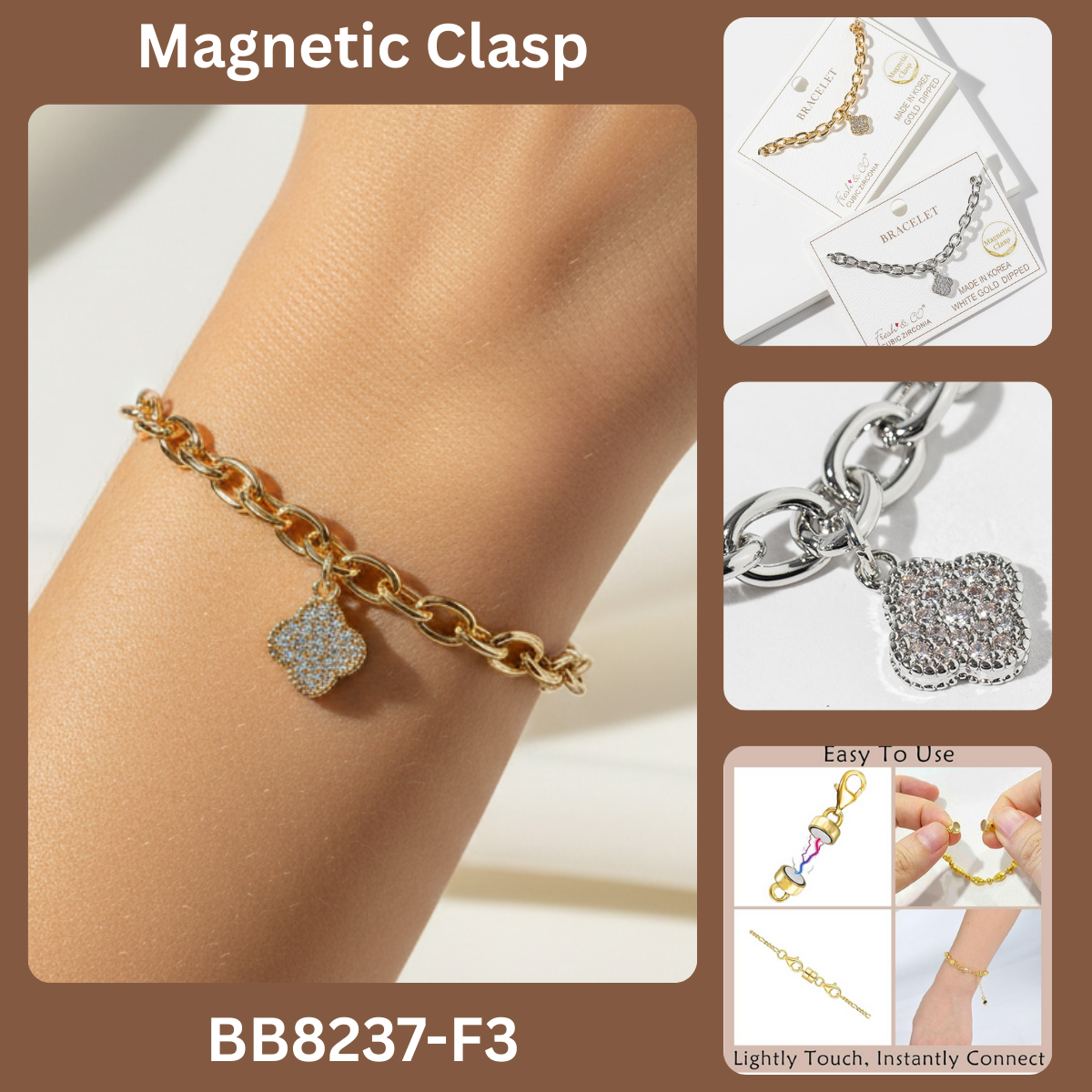 Pavé Cubic Zirconia Clover Magnetic Clasp Chain Bracelet
