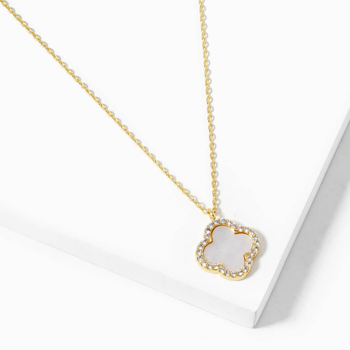 Pavé Border Four-Leaf Clover Pendant Necklace