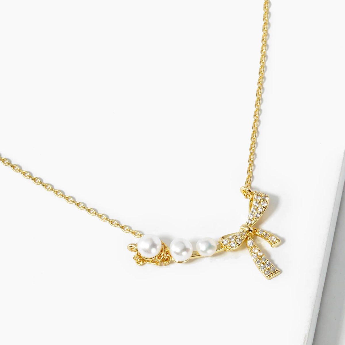 Dainty Crystal Bow and Pearl Bar Necklace