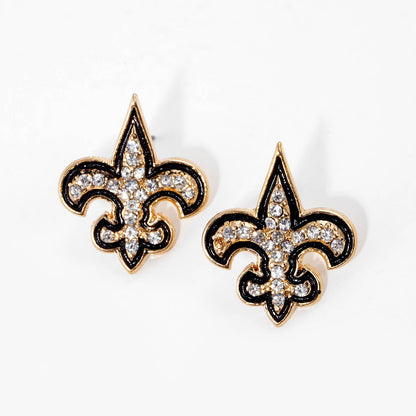Gold Plated Cubic Bold Fleur De Lis Stud Earrings