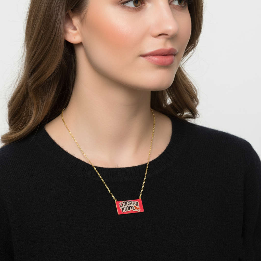 Horse Mom Enamel Bar Pendant Necklace