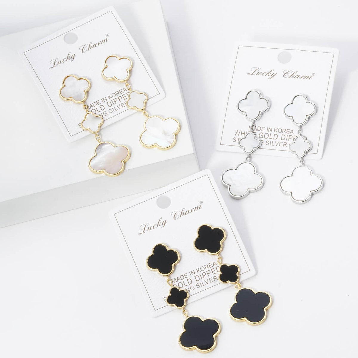 18K GOLD DIPPED THREE QUATREFOIL DROP DANGLE POST EARRINGS