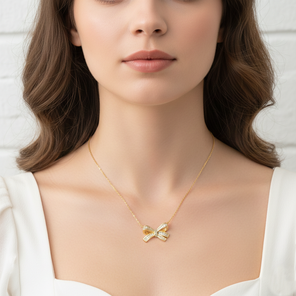 Elegant Pavé Crystal Bow Pendant Necklace