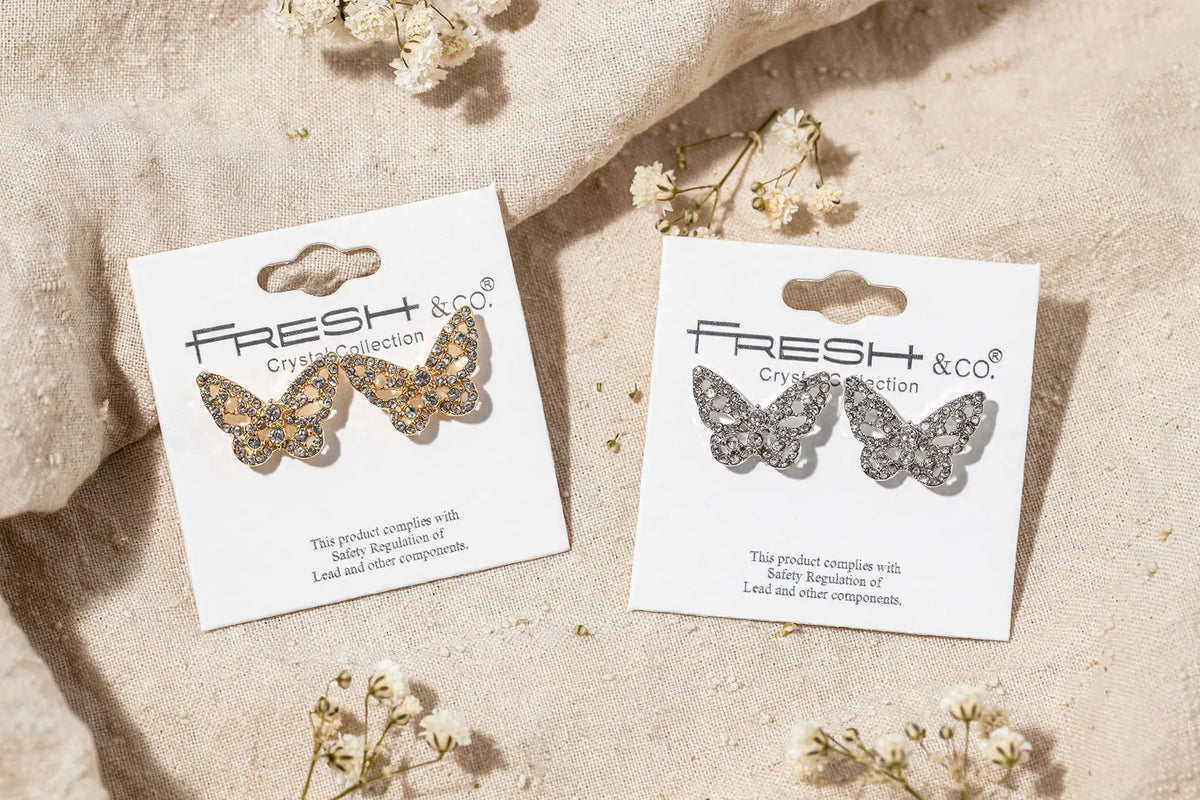 Crystal Butterfly Stud Earrings – Pavé Filigree Butterfly
