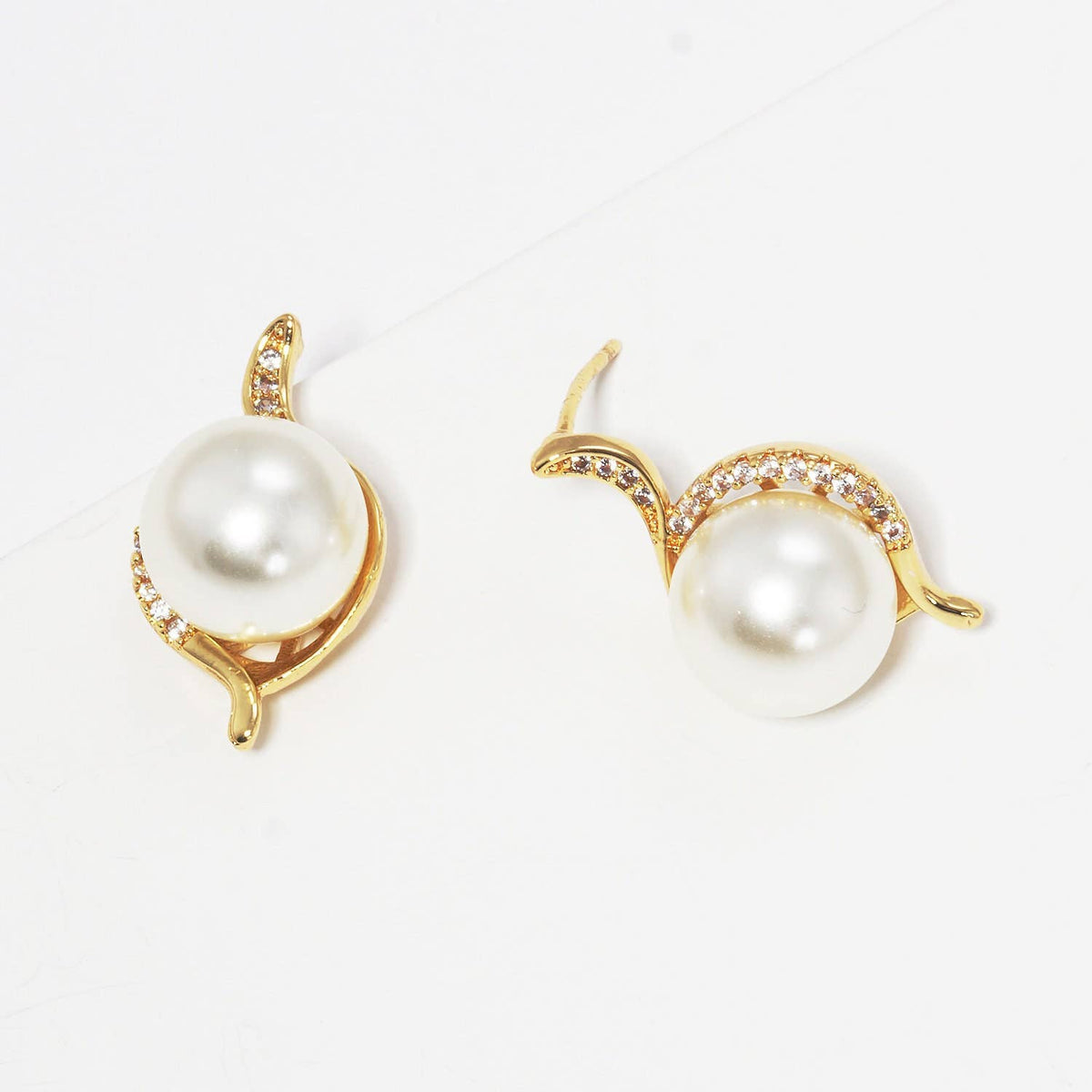 Gold Plated Freshwater Pearl Pave Stud Earrings
