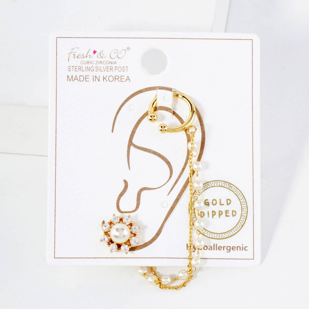 Pave-Set CZ Pearl Flower Stud and Ear Cuff Drape Earring Set