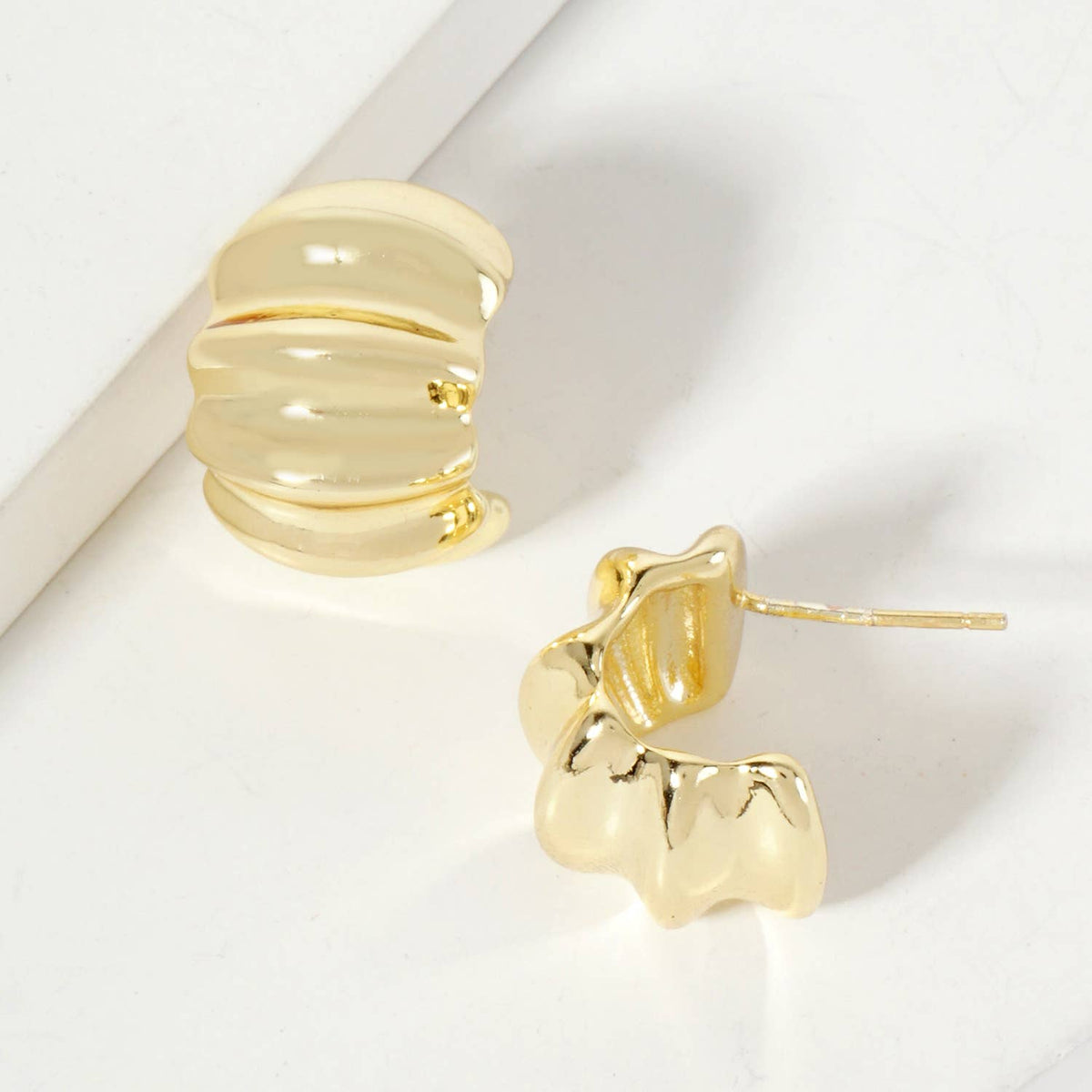 Polished Metal Textured 15mm Half Hoop Earrings