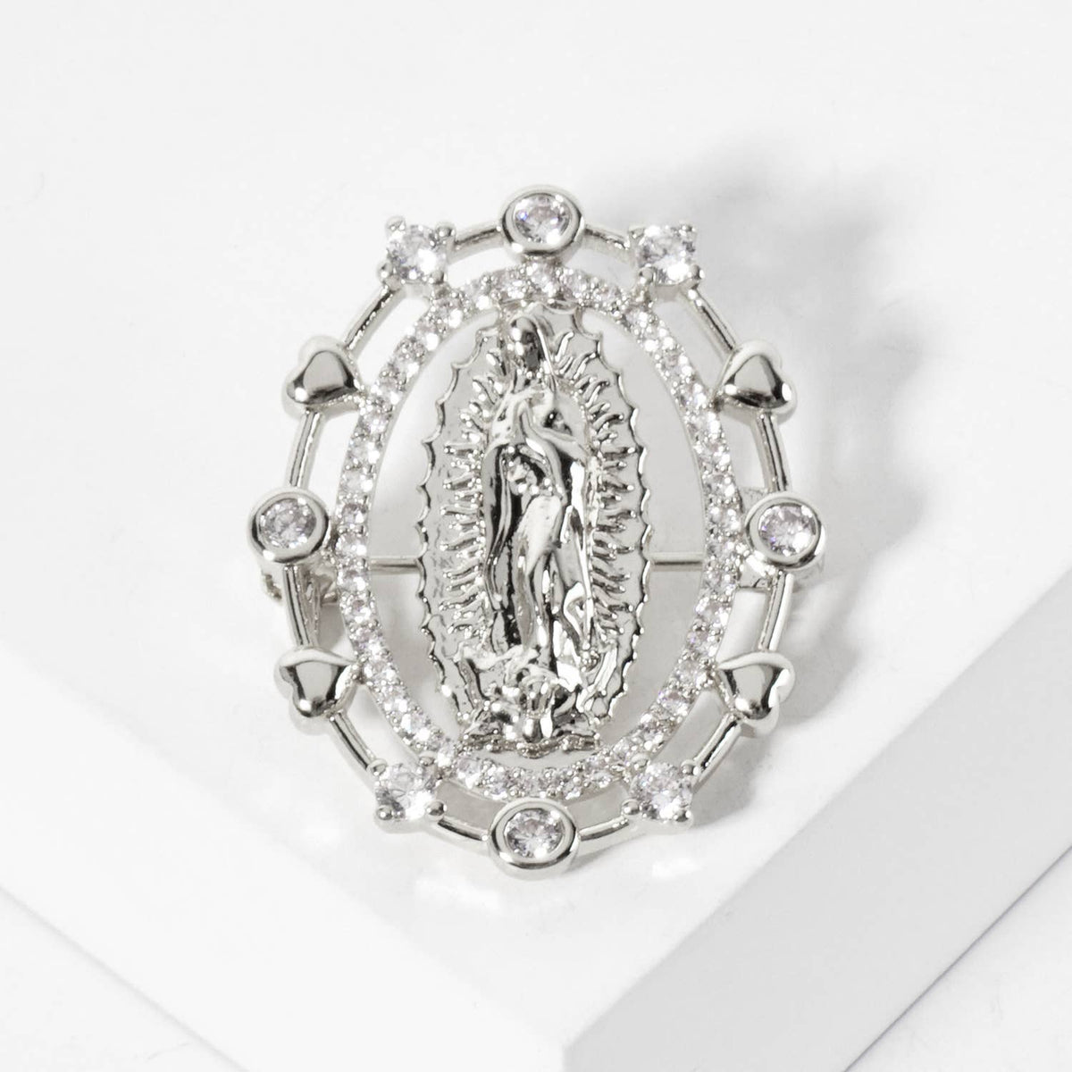 Cubic-Zirconia Virgin-Mary in Oval Frame Brooch