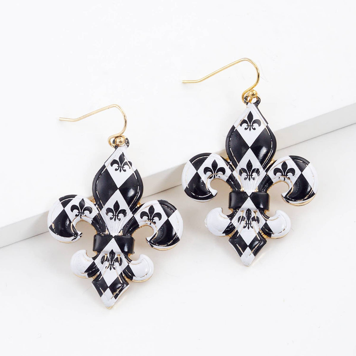 Gold Plated Dalmatian Fleur De Lis Dangle Earrings
