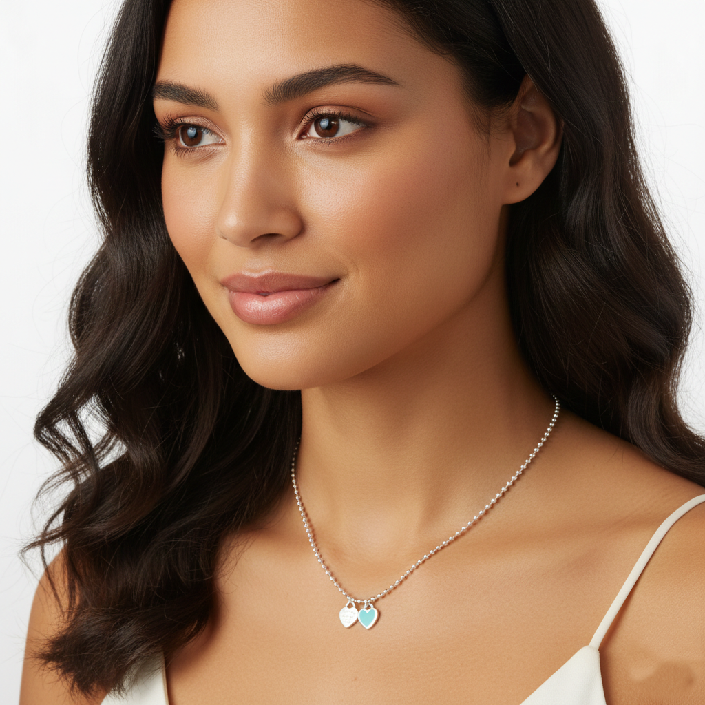 Double Heart Charm Bead Chain Necklace