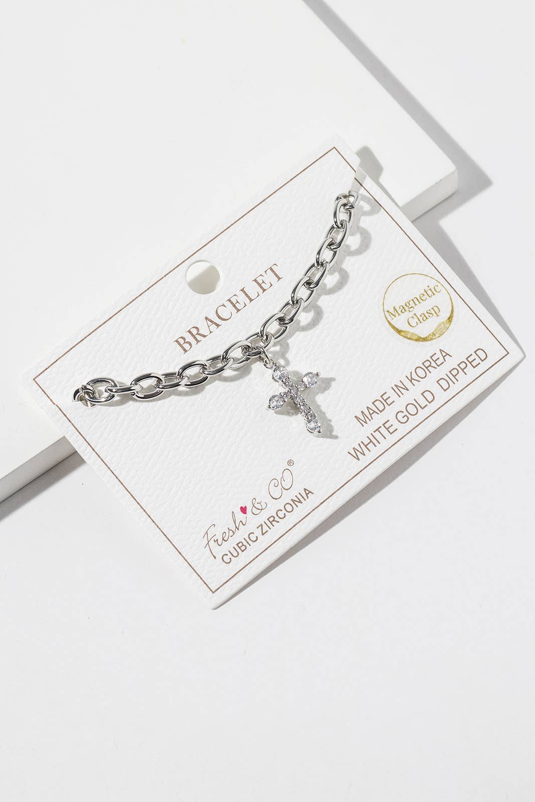 Cubic Zirconia Cross Charm Link Bracelet with Magnetic Clasp