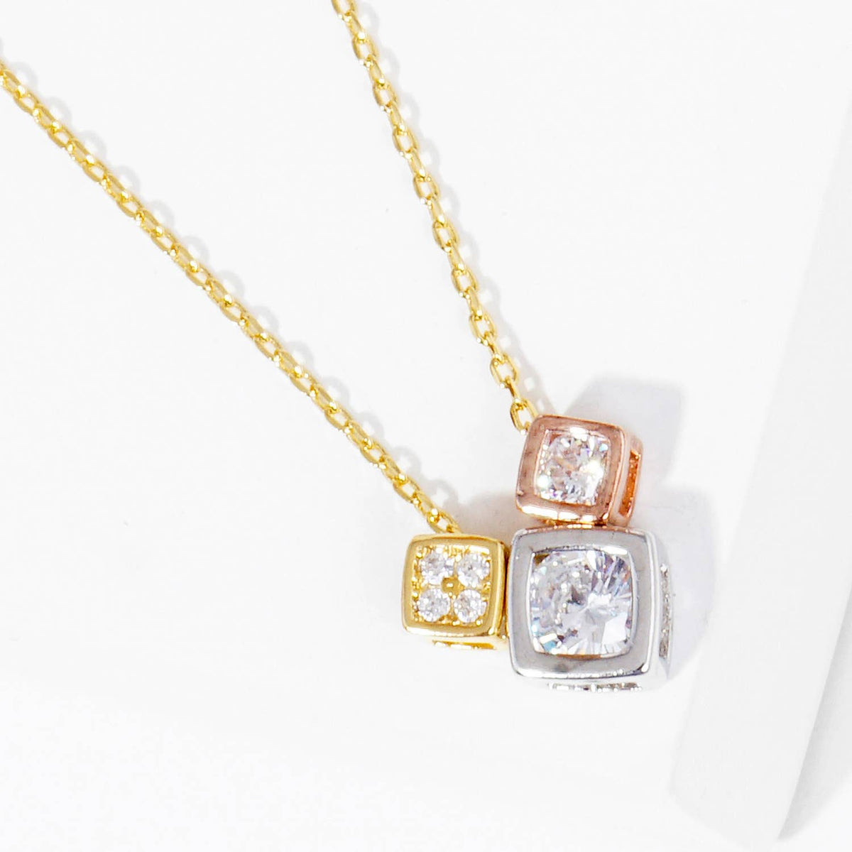 Geometric Tri-Tone Cube Charm Necklace