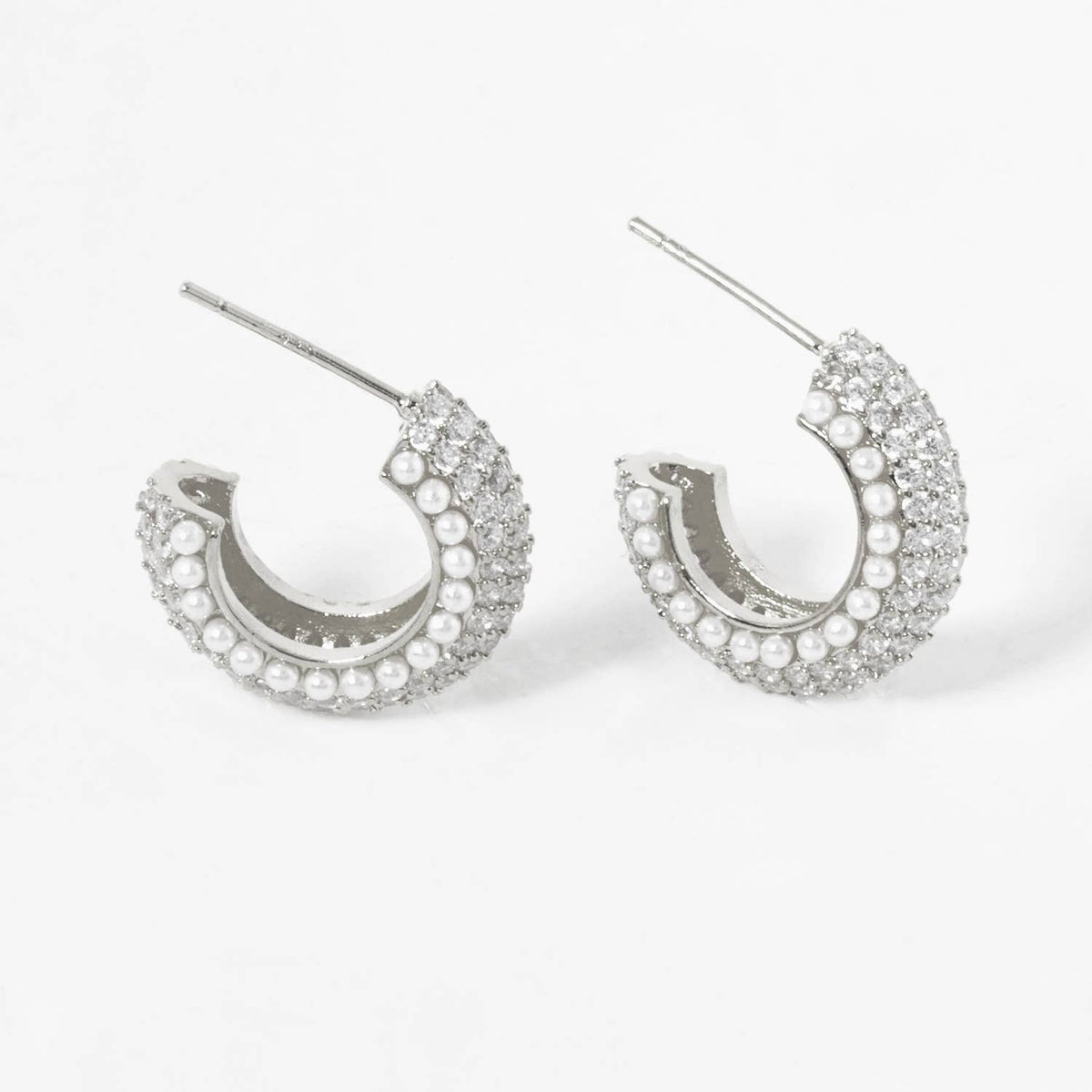 Cubic Zirconia & Pearl Chunky Huggie Hoop Earrings