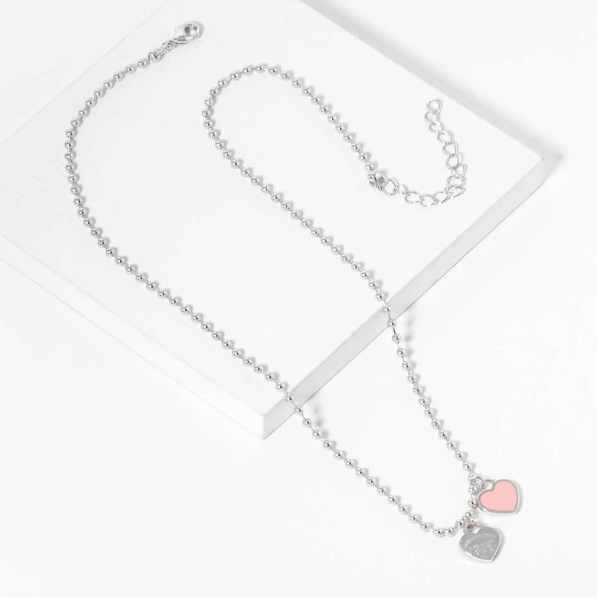 Double Heart Charm Bead Chain Necklace