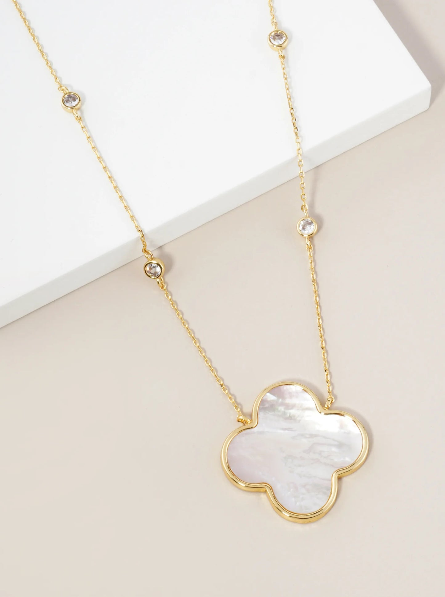18K Gold Dipped 1 Inch Quatrefoil Pendant CZ Stone Chain Necklace