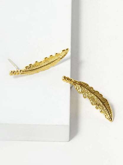 18K Gold Dipped 1 Inch Textured Brass Feather Sterling Silver Post Stud Earrings