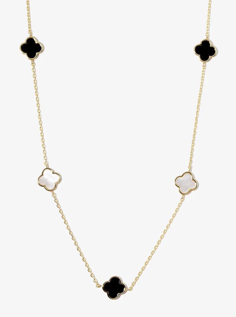 18K Gold Dipped 10mm 5 Semi-Precious Quatrefoil Pendant 24 Inch Long Station Necklace