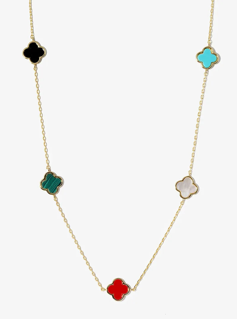 18K Gold Dipped 10mm 5 Semi-Precious Quatrefoil Pendant 24 Inch Long Station Necklace