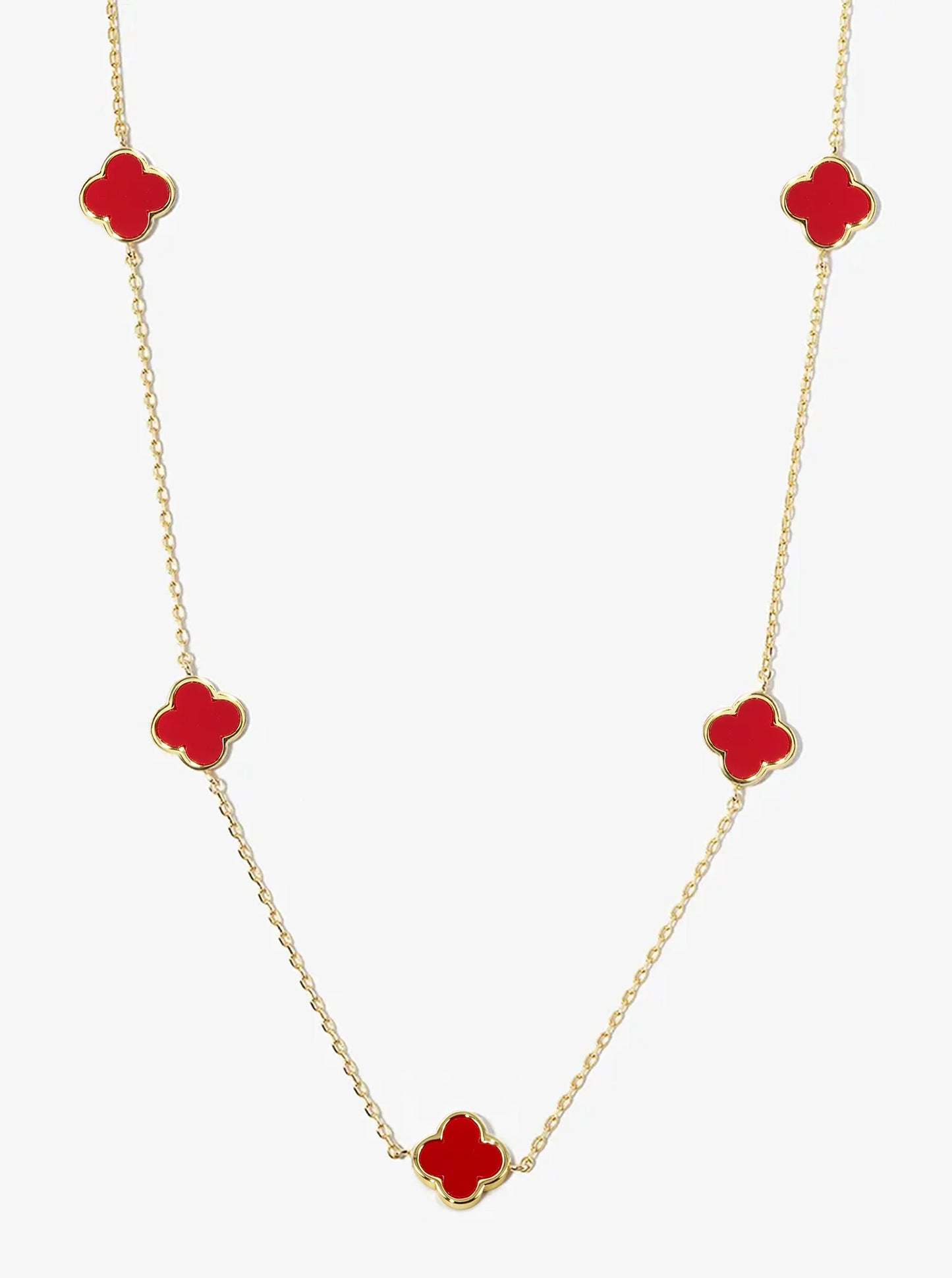 18K Gold Dipped 10mm 5 Semi-Precious Quatrefoil Pendant 24 Inch Long Station Necklace