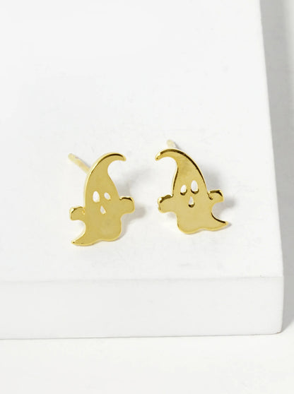 18K Gold Dipped 10mm Brass Ghost Sterling Silver Post Halloween Stud Earrings