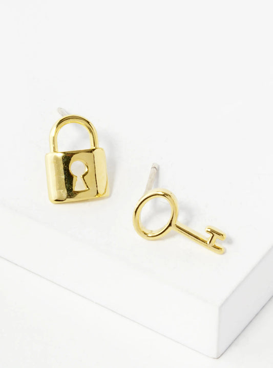 18K Gold Dipped 10mm Brass Lock And Key Asymmetric Sterling Silver Post Stud Earrings