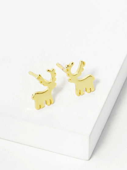 18K Gold Dipped 10mm Brass Rudolph Deer Sterling Silver Post Christmas Stud Earrings