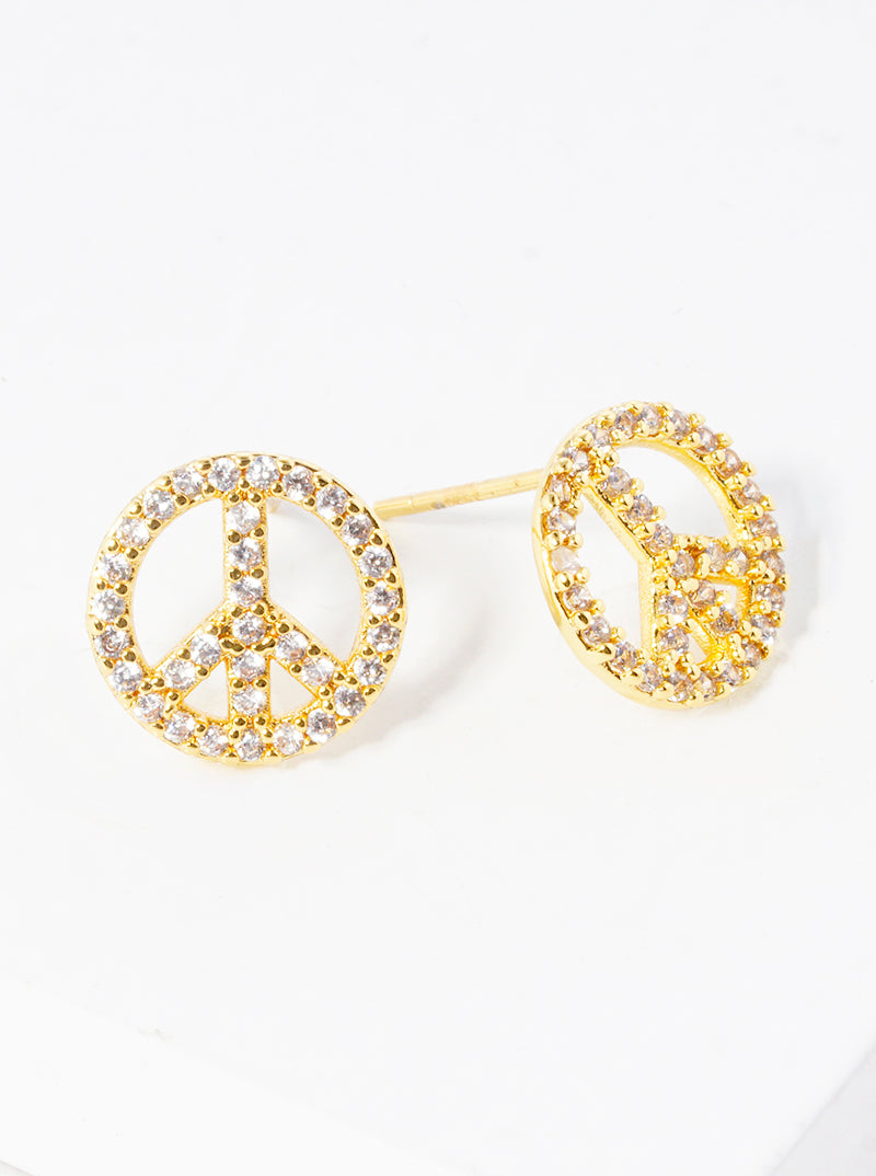 White Gold Dipped 10mm CZ Pave Peace Symbol Stud Earrings