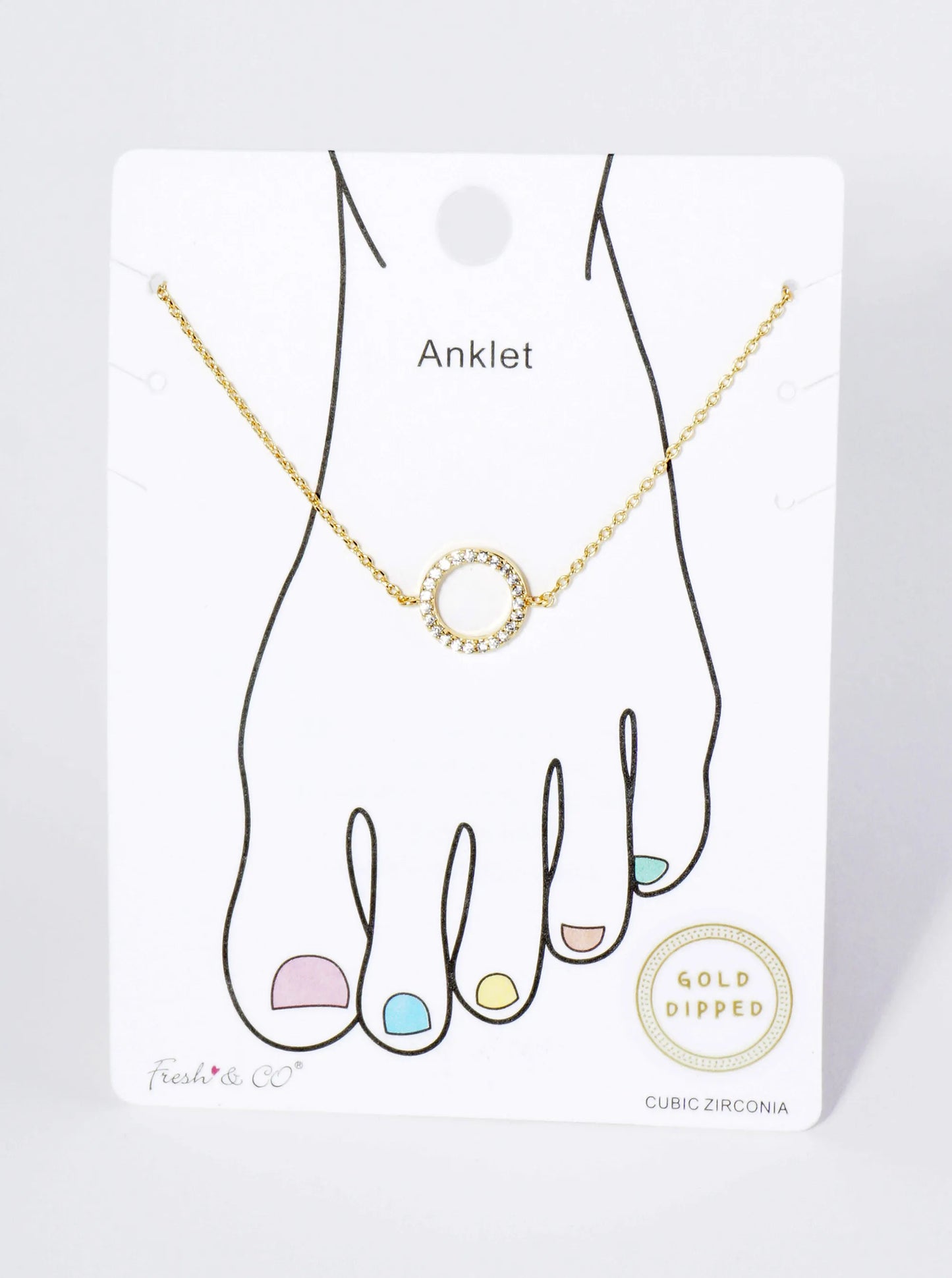 18K Gold Dipped 10mm Cubic Zirconia Pave Circle Brass Chain Anklet