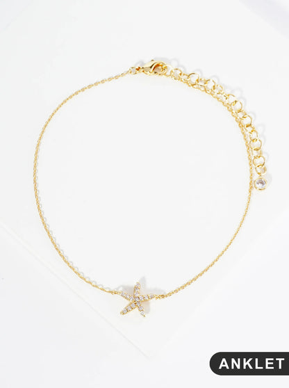 18K Gold Dipped 10mm Cubic Zirconia Pave Sea Star Starfish Brass Chain Anklet