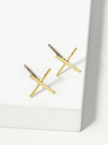 18K Gold Dipped 10mm Delicate Brass X Shape Sterling Silver Post Stud Earrings