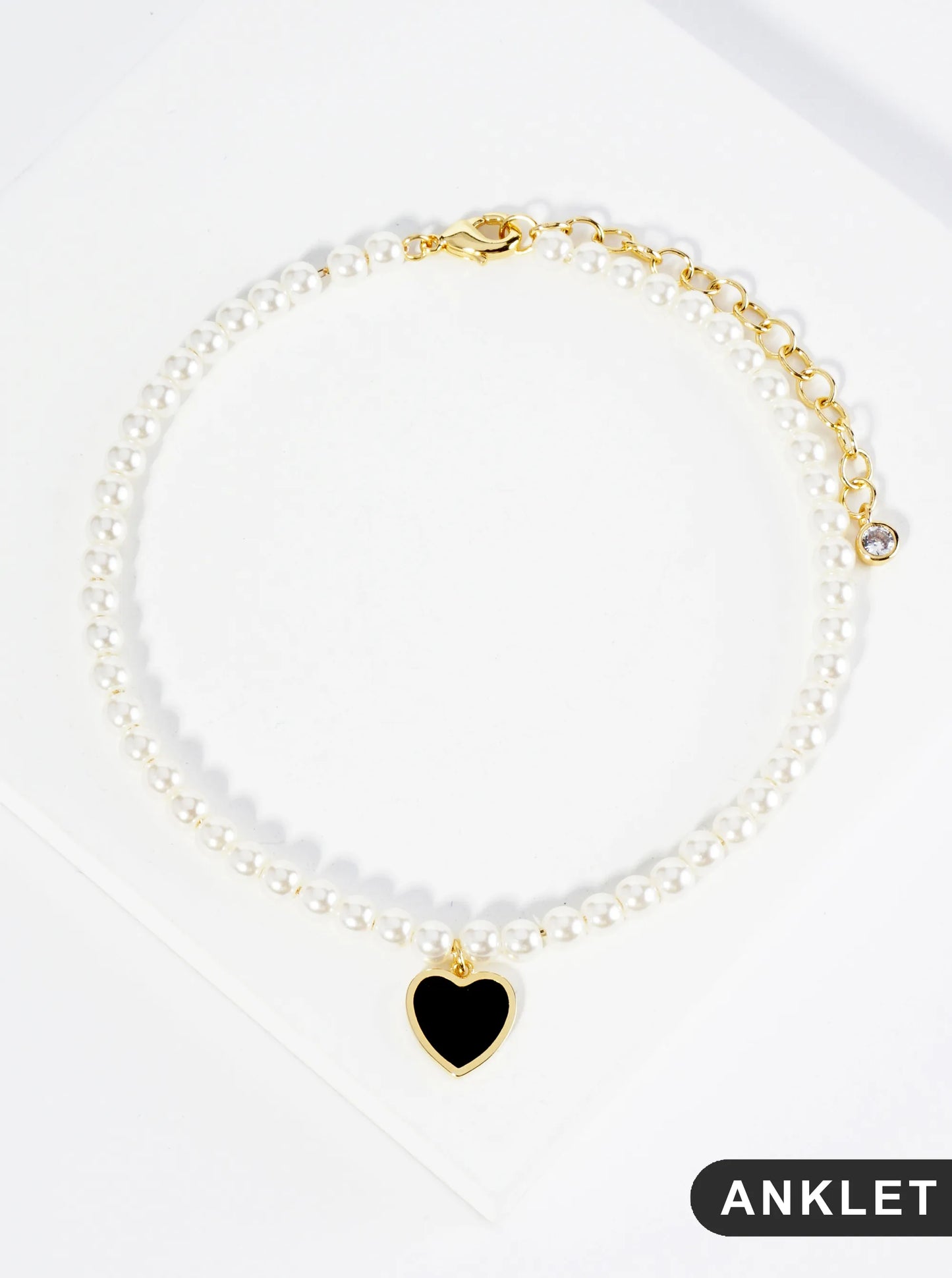 18K Gold Dipped 10mm Enamel Heart Charm Pearl Chain Anklet