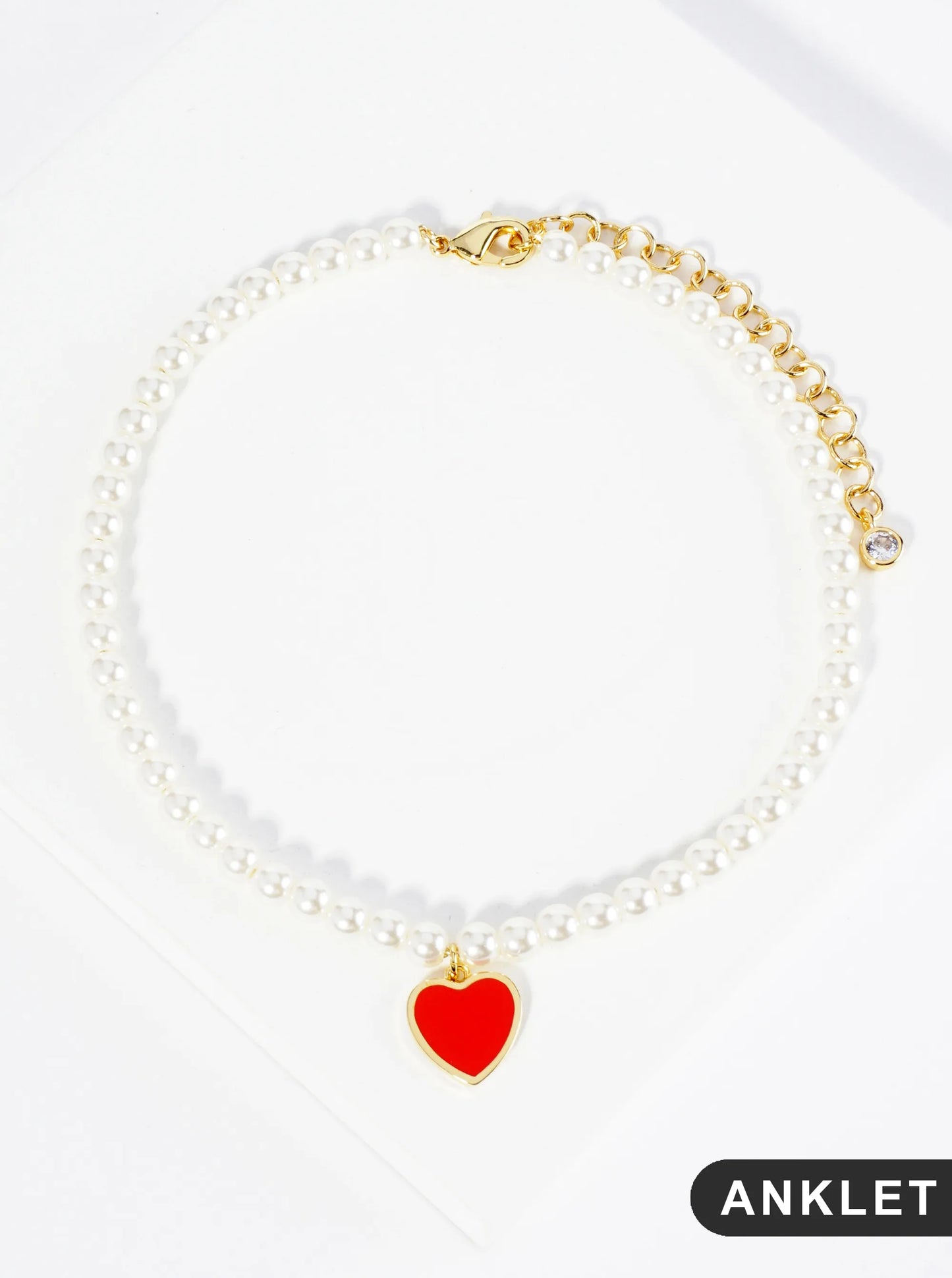 18K Gold Dipped 10mm Enamel Heart Charm Pearl Chain Anklet