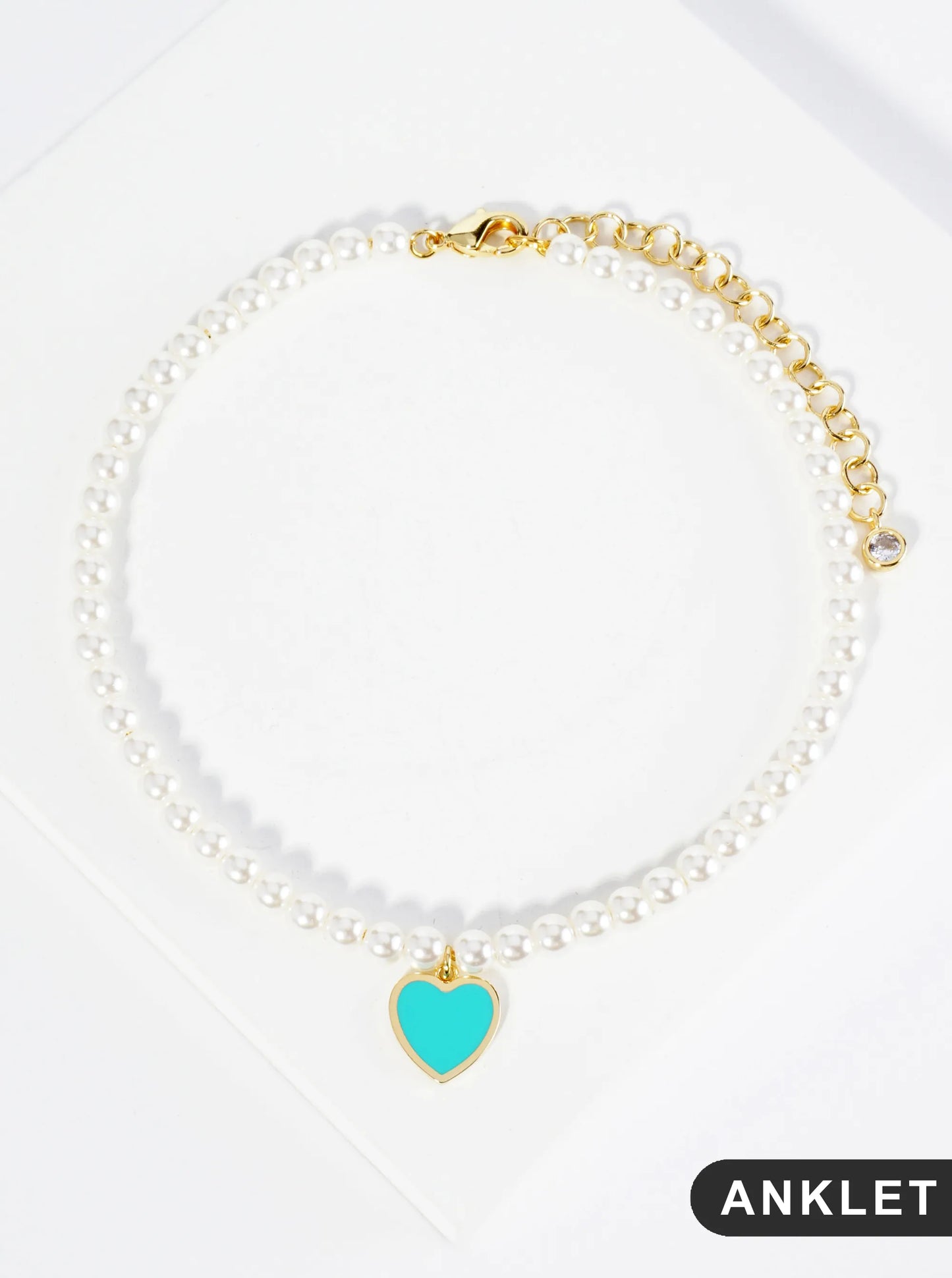 18K Gold Dipped 10mm Enamel Heart Charm Pearl Chain Anklet