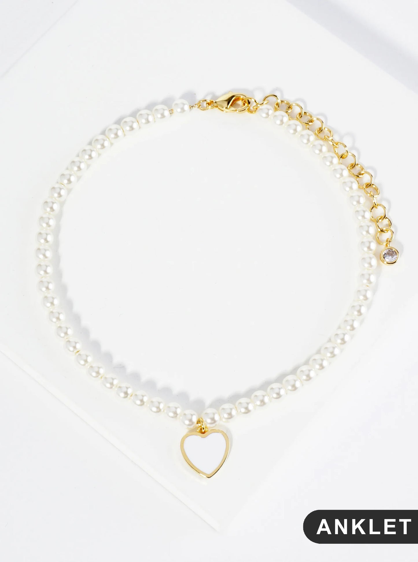 18K Gold Dipped 10mm Enamel Heart Charm Pearl Chain Anklet