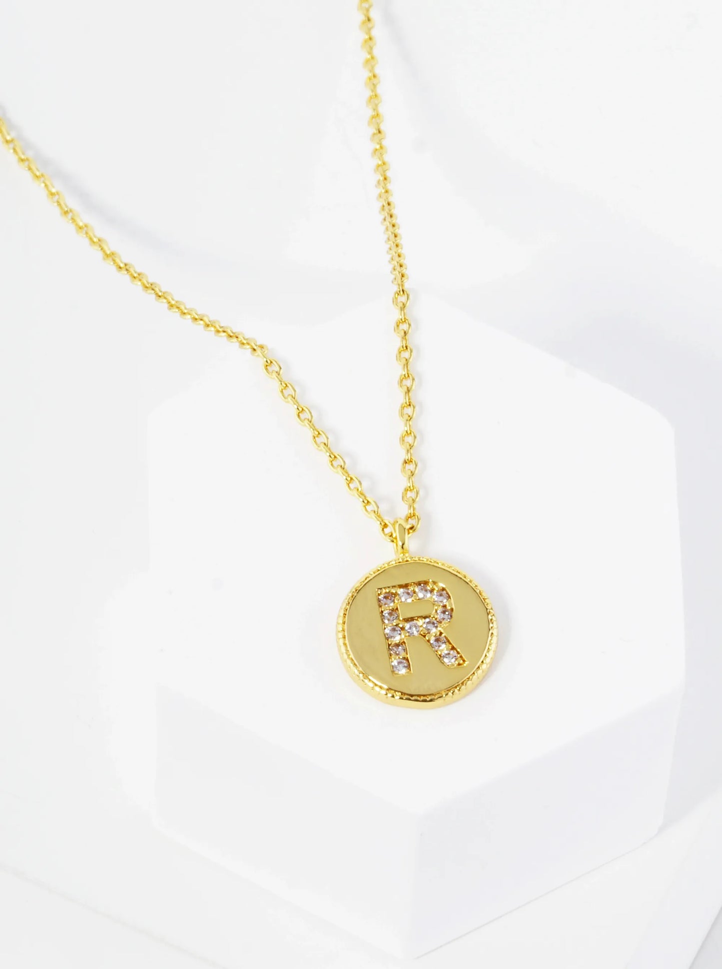 18K Gold Dipped 10mm Medallion Pave Set CZ Initial Pendant Necklace