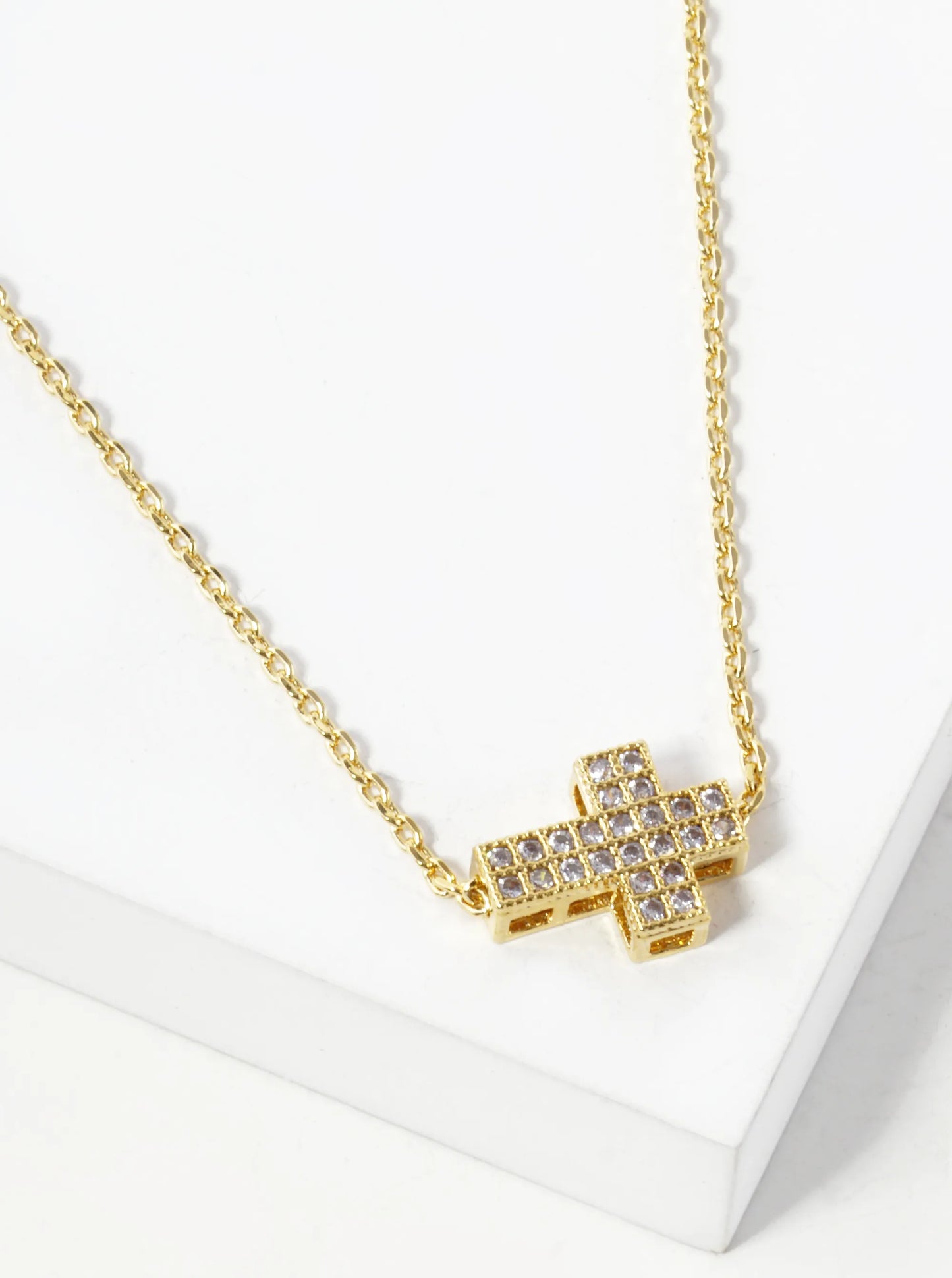 18K Gold Dipped 10mm Sideways Pave Cubic Zirconia Cross Pendant Necklace